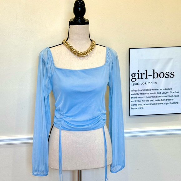 Light blue mesh top with cinched waist. - Picture 2 of 2